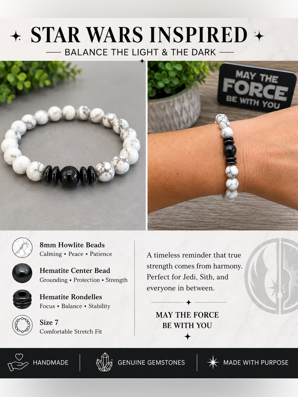 ⭐ Star Wars Inspired 10mm Howlite & Hematite Stretch Bracelet | Size 7